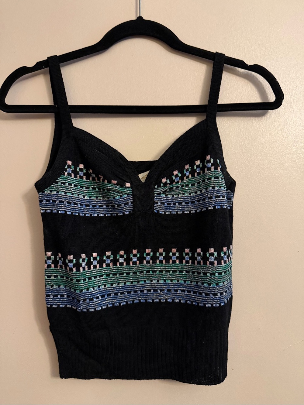 Vintage Black Knit Camisole with Pastel Stripe Pattern